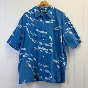 Lands End Nautical Fish Print Seersucker Button Down Shirt Men Size XXL Coastal